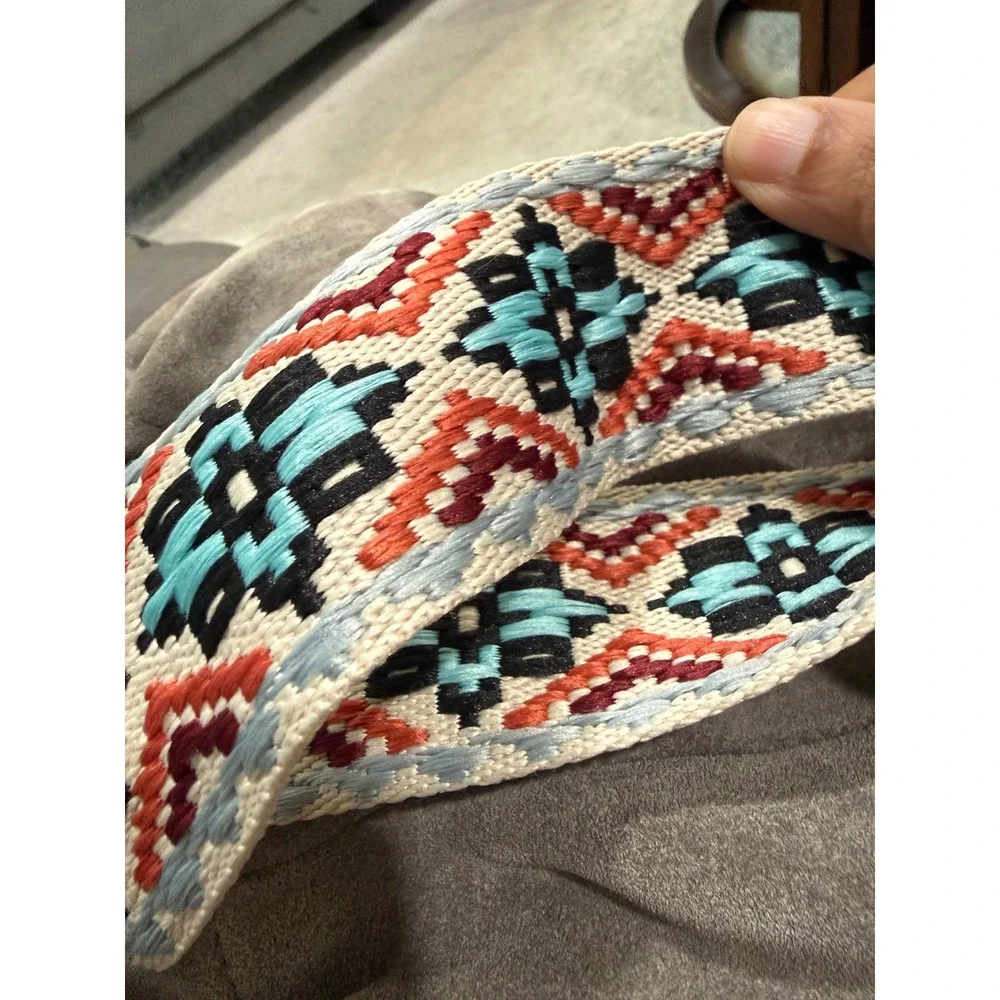 Bica Cheia Grey Suede Boho Hobo Bag Embroidered‎ Guitar Strap Patent Trim Brass